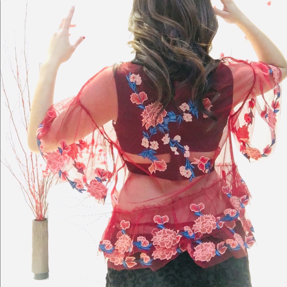 ✨NWOT Zara Women Floral Embroidery Maroon Mesh Top - Picture 3 of 8